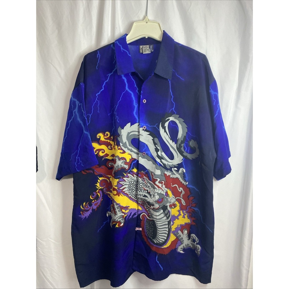 Trust Dragon Lightning Graphic Shirt Mens XL Blue Excellent Short Sleeve Button